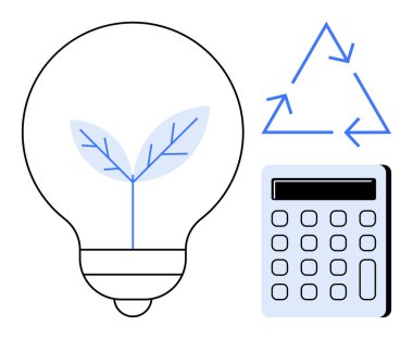 İçinde yaprak, hesap makinesi ve geri dönüşüm okları olan ampul çevre dostu yeniliği, yeşil teknoloji ve sürdürülebilirliği temsil ediyor. Çevre finansmanı, yenilenebilir enerji ve eğitim için ideal