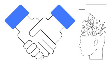 İşbirliği ve anlaşmayı temsil eden el sıkışma, çiçek açan bir kafa ile yaratıcılığı, yeniliği ve kişisel gelişimi sembolize eder. Takım çalışması, yenilik ve uyum için ideal.