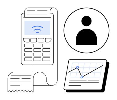 Fatura yazdırmalı ödeme terminali, kullanıcı profili simgesi ve analiz grafiği vurgulama eğilimleri. Finans, teknoloji, e-ticaret, perakende, kullanıcı veri analizi fintech için ideal. Basit düz