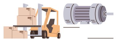 Endüstriyel bir motorun yanında forklift yığını, lojistik, ulaşım, imalat, otomasyon, verimlilik, depolama ve teknik yeniliği sembolize ediyor. İdeal