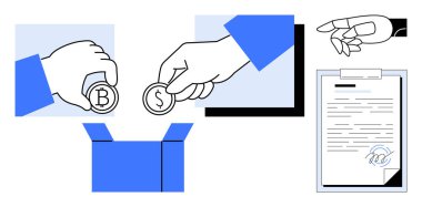 İnsan eli Bitcoin ve dolarları bir kutuya yerleştiriyor, robot el imzalı bir belgeyi işaret ediyor. Finans, bağış, kripto, kitle fonlama, yasal sözleşmeler, işbirliği, basit bir daire için ideal