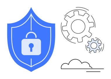Üzerinde kilit sembolü olan mavi bir kalkan çizilmiş dişliler ve bulutların yanında. Siber güvenlik, veri gizliliği, bilişim çözümleri, teknoloji, yenilik, sistem optimizasyonu için ideal, basit düz metafor