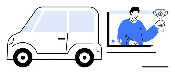 Компактный автомобиль рядом с экраном, показывающий человека, держащего трофей, символизирующий цифровой успех, онлайн-соревнования и удаленные достижения. Идеально подходит для мобильности, технологические тенденции, цифровой маркетинг