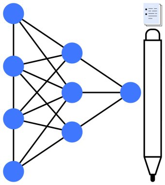 Bir kalem ve kağıdın yanında nöral ağları temsil eden birbirine bağlı düğümlerin diyagramı. Yapay zeka, makine öğrenimi, veri bilimi, araştırma, teknolojik yenilik, problem çözme için ideal