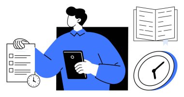 Elinde küçük bir saat, açık bir kitap ve zaman odaklı bir tablet ve görev listesi tutan kişi. Üretkenlik, zaman yönetimi, organizasyon, programlama, planlama, basit düz metafor öğrenmek için ideal