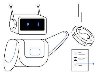 Robot işlem listesi ve dijital madeni para, altını çizme teknolojisi, finans, üretkenlik ve otomasyon. AI, fintech, business, operation workflow görev yönetimi için ideal