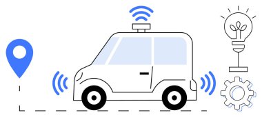 Kablosuz sensörlü otomatik çalışan araba, GPS yer belirleyicisi, enerji fikirleri için ampul ve otomasyon için ekipman. Yenilik, hareketlilik, teknoloji, yapay zeka, navigasyon sürdürülebilirliği için ideal