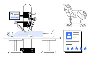 Yapay zeka robotu dijital arayüz ve veri göstergeleriyle izlenen hastayı ameliyat ediyor, siber güvenlik göstergeleri Truva atı ve kimlik yönetimini tehlikeye atıyor. Sağlık ve siber güvenlik için ideal.