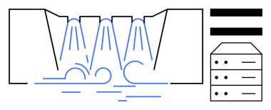 Şelale akışları veri yapısına akar, veri dönüşümü, akışı ve işleme işaret eder. Teknoloji, analitik, programlama, yazılım sistemleri, iş akışı veritabanları için ideal basit düz