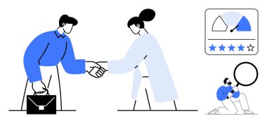 İş adamları el sıkışıyor, yıldızlarla derecelendiriliyor ve verileri büyüteçle analiz ediyorlar. İşbirliği, performans değerlendirmesi, müşteri geribildirimi, anlaşma için ideal