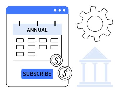 Yıllık plan takvimi, abonelik düğmesi, madeni paralar, teçhizat ve banka simgesi abonelik, finans ve otomasyonu vurguluyor. Bütçeleme ve iş bankacılığı hizmetleri için ideal basit bir daire