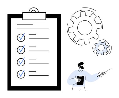 Tamamlanmış görevleri olan büyük bir kontrol listesi, hareket halindeki vitesler ve görevleri gösteren tabletleri tutan ayakta duran figürler. Takım çalışması, üretkenlik, organizasyon, planlama, iş akışı, basit eğitim düzeyi için ideal