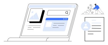 Arama çubuğu, profil kartı ve resim fayanslarıyla temiz bir kullanıcı arayüzü gösteren dizüstü bilgisayar. İşçi dişli simgeleriyle görevleri yönetir. Teknoloji, iş, web tasarımı, iş akışı için ideal