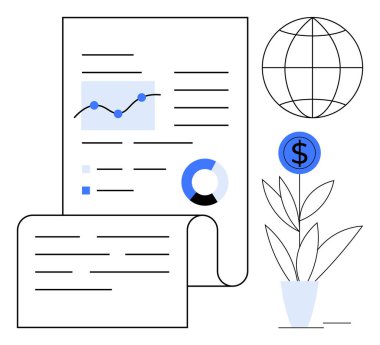 Haritaları, grafiği, pasta grafiği ve grafiği olan mali dokümanlar dünya ve büyüyen bitkinin yanında. Finans, iş, yatırım, analitik ekonomi küresel strateji başarısı için idealdir. Basit.