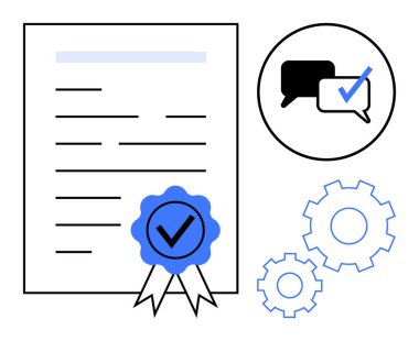 Doğrulama rozetli resmi belge, iletişim için konuşma baloncukları ve süreç optimizasyonunu temsil eden vitesler. Sertifika, uyum, takım çalışması, süreç yönetimi ve kalite için ideal