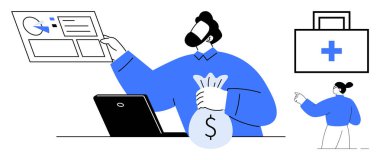 Ekranda mali verileri analiz eden adam, para çantası tutan adam ve arka planda sağlık ikonu. Finans, sağlık, teknoloji, yatırım, veri analizi ve ekonomik büyüme için ideal