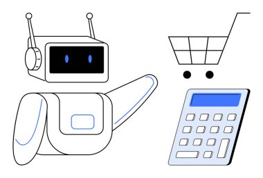 Bir alışveriş arabası ve hesap makinesine doğru hareket eden robot, online alışveriş ve finans alanındaki yapay zeka odaklı otomasyonu sembolize ediyor. E-ticaret, AI, perakende, teknoloji, yenilik, iş için ideal
