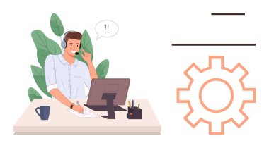 Kulaklık takmış bir müşteri hizmetleri ajanı. Etrafı bitkilerle ve ofis eşyalarıyla çevrili bir bilgisayar kullanıyor. İletişim için ideal, takım çalışması, problem çözme, destek, teknoloji, çalışma ortamı servisi. Basit.