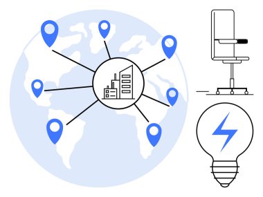 Merkezi sanayi merkezine bağlanan yer işaretleri olan bir dünya haritası, modern bir ofis koltuğu ve yıldırımlı parlayan bir ampul. Temalar için ideal küresel iş ve uzak çalışma
