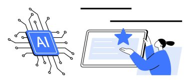 Yapay zeka çipi, bir yıldızın yer aldığı dijital arayüzle etkileşime geçen bir kullanıcıyla birlikte devrelere bağlandı. Yapay zeka, teknoloji, kullanıcı deneyimi, yenilik, veri, otomasyon, gelecekteki kavramlar için idealdir. Basit.