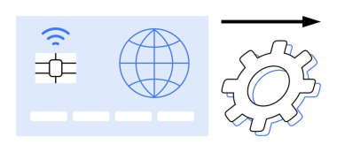 Küre ve kablosuz sembollü çipli kart, dişlilere veri akışını gösteren ok. Fintech, otomasyon, küresel işlemler, dijital cüzdanlar, teknoloji entegrasyonu, İnternet için ideal