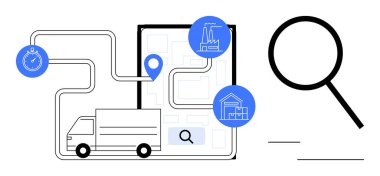 Teslimat kamyonu ile lojistik akışı, dijital harita üzerinde rota, kronometre, fabrika ve depo. Lojistik, dağıtım, tedarik zinciri, ulaşım iş planlama ve teknoloji için ideal