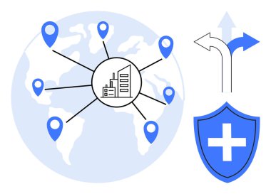 Merkezi bir binaya konum belirteçleri, karar okları ve güvenlik kalkanı olan bir dünya haritası. Küresel iş, lojistik, strateji, koruma, navigasyon, planlama riski için ideal