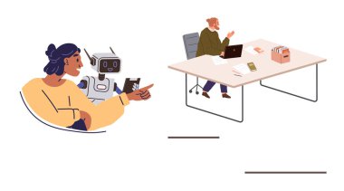 Çalışanlar masa başında dizüstü bilgisayar ve belgelerle çalışırken kadın yapay zeka robotuyla etkileşime giriyor. Takım çalışması, teknoloji, yapay zeka entegrasyonu, yenilik, uzaktan çalışma, dijital dönüşüm için ideal