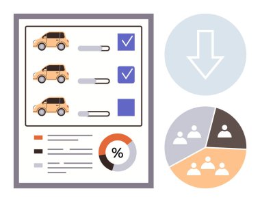 İlerleme çubukları, kontrol işaretleri ve bir okun yanında pasta grafiği olan araba listesi. Araba seçimi, analiz, karar verme, veri sunumu, araştırma karşılaştırması için ideal. Basit.