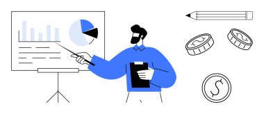 Bir tabloda mali ölçümleri açıklayan bir iş adamı elinde bir pano tutuyor. Pasta grafiği, grafik, kalem ve para sikkelerini içerir. Sunumlar, finans ve iş büyümesi için ideal