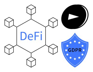 DeFi etiketli altıgen engelleme ağı, GDPR uyumunu sembolize eden kalkan ve yüzen dijital sembol. Finans, engelleme zinciri, güvenlik, ademi merkeziyetçi sistemler, kripto para birimi, gizlilik için ideal