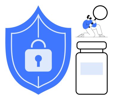 Güvenlik sembollü mavi kalkan, araştırmacı büyüteçle verileri inceliyor, ve ilaç kavanozu. Veri güvenliği, siber güvenlik, araştırma, sağlık, farmakoloji ve koruma için ideal