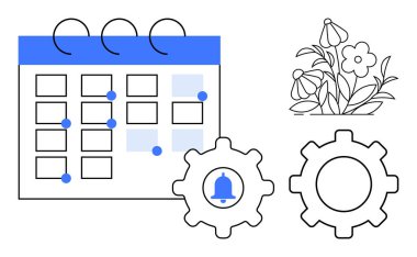 İşaretli olaylar takvimi, çan simgesi dişli, çiçek açan çiçekler dengeyi, büyümeyi ve organizasyonu sembolize ediyor. Üretkenlik, zamanlama, hatırlatıcılar, büyüme iş akışı planı için idealdir basit