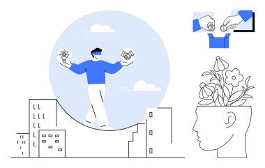 Ampul ve tokalaşmayı dengeleyen yüksek binalar arasında yürüyen bir ip. Kafa büyüten çiçekler, para değiş tokuşu yapan eller. Yenilik, işbirliği, yatırım, büyüme, yaratıcılık için ideal