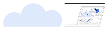 Grafikleri ve grafikleri gösteren bir dizüstü bilgisayara bağlı mavi bulut. Veri analizi, bulut teknolojisi, yenilik, iş büyümesi, dijital dönüşüm, teknolojik çözümler ve bağlantı için ideal