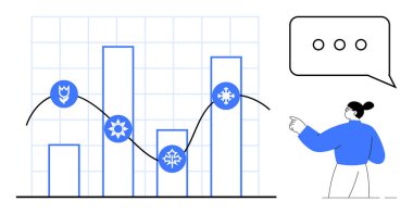 Mevsimlik simgelerle dolu bar tablosu, bağlayıcı çizgi grafiği, analizi işaret eden kadın, konuşma balonu. Veri görselleştirme, iş büyümesi, mevsimler, eğilimler, iletişim analizleri için ideal basit düz