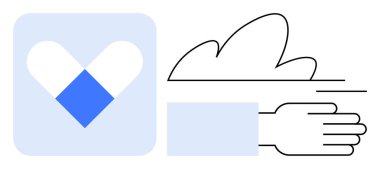 Mavi aksanlı kalp ikonu havada hızla hareket ediyor, verimliliği, bakımı, sağlık hizmetlerini, takım çalışmasını, ilerlemeyi, yeniliği ve sürdürülebilirliği çağrıştırıyor. Basit düz metafor için ideal