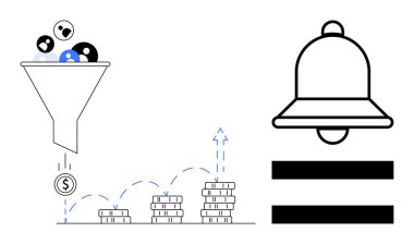 Kullanıcıları madeni paralara filtreleme hunisi, gelir artışını sembolize eden büyüklükteki yığınlar. Alarm ya da bildirimleri temsil eden çan simgesi. İş, pazarlama, satış, gelir ve analitik için ideal