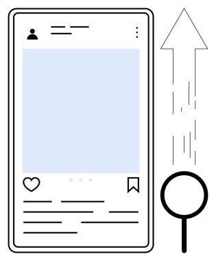 Kullanıcı posta düzeni, büyüteç ve ok ile mobil arayüz büyümeyi, aramayı, analitiği ve etkileşimi simgeliyor. Sosyal medya, pazarlama, trendler, strateji teknolojisi için ideal