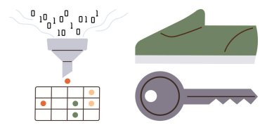 İkili kod veri tablosuna akar, yeşil ayakkabı deseni sembolize eder ve anahtar da erişimi temsil eder. Veri sıralama, güvenlik, yapay zeka, organizasyon, şifreleme, teknoloji problem çözme için ideal