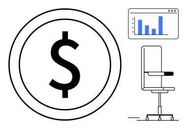 Daire içinde büyük dolar işareti, ekranda çubuk grafik ve ofis sandalyesi. İş, finans, işyeri, yatırım, istatistik takımı yönetimi ekonomik planlaması için ideal. Basit düz metafor