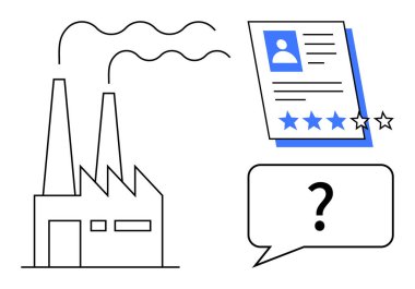 Bacalı fabrika binası, yıldızlı performans değerlendirme formu, konuşma balonunda soru işareti. Üretkenlik, performans, sanayi, geribildirim, değerlendirme, değerlendirme için ideal