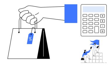 Elinde indirim etiketli bir alışveriş çantası, hesap makinesi ve yığılmış bloklara tırmanan küçük bir ekibin yanında. E-ticaret, perakende, bütçe, takım çalışması, büyüme, satış ve finans için ideal. Basit düz