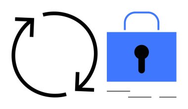Süreci ya da sürekliliği temsil eden dairesel oklar ve veri güvenliğini sembolize eden mavi kilit. Siber güvenlik, şifreleme, çevrimiçi güvenlik, gizlilik, veri yedekleme, sistem güncellemesi, güvenli bağlantı için ideal