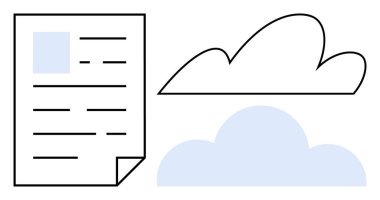 Metin, katlanmış köşe ve altında minimalist bulut formları olan belgeler. Teknoloji, bulut depolama, dijital dönüşüm, çevrimiçi veri depolama, uzaktan erişim, basit teknolojik yenilik için ideal