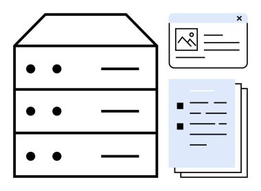 Sunucu yığını, belge dosyaları ve tarayıcı penceresi veri yönetimi, bulut depolama veya bilişim altyapısını belirtir. Teknoloji, bulut hesaplama, büyük veriler, siber güvenlik veritabanı sunucusu için ideal