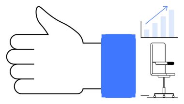 Büyük baş parmaklar, minimalist bir ofis koltuğu ve işyeri gelişimini temsil eden yükselen bir büyüme tablosu. Liderlik, üretkenlik, iş büyümesi, destek, takım çalışması, pozitiflik için ideal