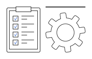 Kontrol listesi ve teçhizatlı pano, planlama, organizasyon, görev yönetimi, verimlilik, verimlilik, iş akışı ve süreç iyileştirmesini sembolize ediyor. Üretkenlik araçları ve takım çalışması için ideal
