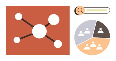 Merkezi merkez bağlantı düğümleri, arama çubuğu simgesi, takım segmentasyonlu pasta grafiği. Veri organizasyonu, takım çalışması, araştırma, analiz, işbirliği teknolojisi sezgileri için ideal. Basit düz metafor