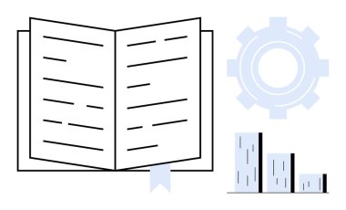 Görünür satırlar, yer imi, hafif dişli simgesi ve dikey bar tablosu olan açık bir kitap. Eğitim, bilgi, araştırma, öğrenme, verimlilik yenilik analizi için idealdir. Basit düz metafor